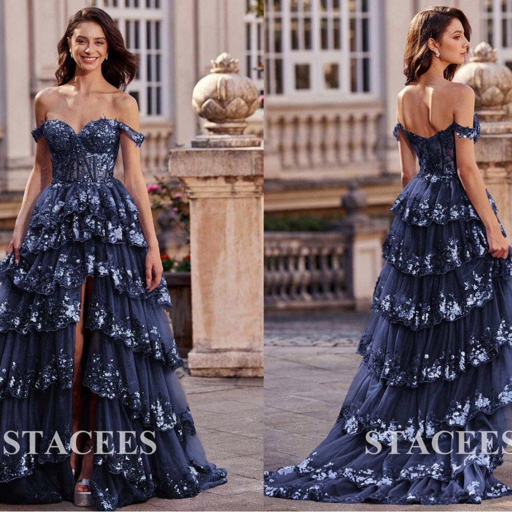 Navy Blue A-line Off-the-Shoulder Prom Dress with Ruffles Sequins Split